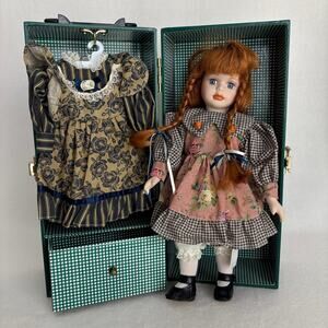 Galleria Inc 12" Red Hair Blue Eye Porcelain Doll w/ Wardrobe Outfits Trunk Case